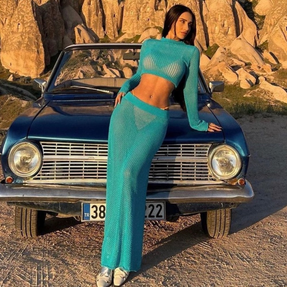 Zara 2 Piece Blue Pointelle Knit Sweater And Skirt Set sz Medium *NEW WITH TAGS